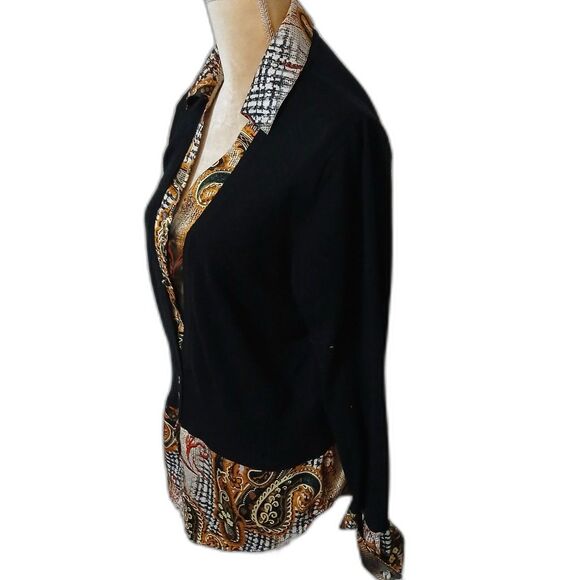 Essentials by Milano pullover faux blouse sweater sz L polyester black gold - Picture 4 of 5